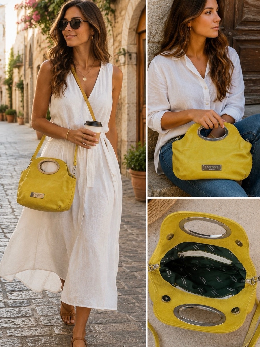 I Medici Firenze Italian Leather Yellow Oval Handle Crossbody Bag Italy ❤️🎀